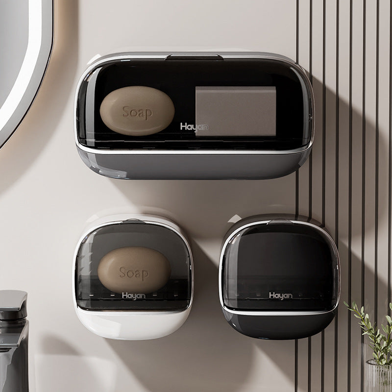 Double-compartment Soap Box Flip Cover Non-perforated Wall-mounted Draining Soap Box Bathroom Household High-end Light Luxury Storage Box