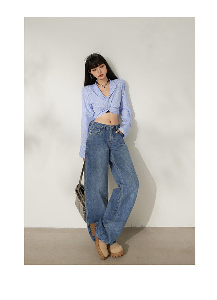 Retro Washed Wide-Leg Jeans for Women, Autumn New Low-Waist Straight Loose Design, Slimming Floor-Length Pants