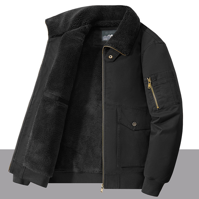 2024 Autumn and Winter Cross-Border Cotton-Padded Jacket with Fleece Lining, Thickened for Warmth, Large Size Windproof and Cold-Resistant Casual Turn-Down Collar Coat