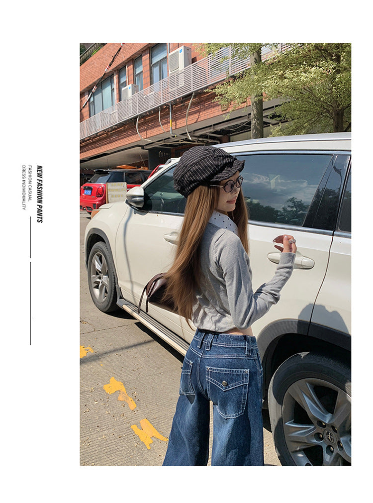 American-Style Dark Blue Wide-Leg Jeans for Women, 2025 Autumn New Straight High-Waisted Loose Slimming Lazy Floor-Length Pants
