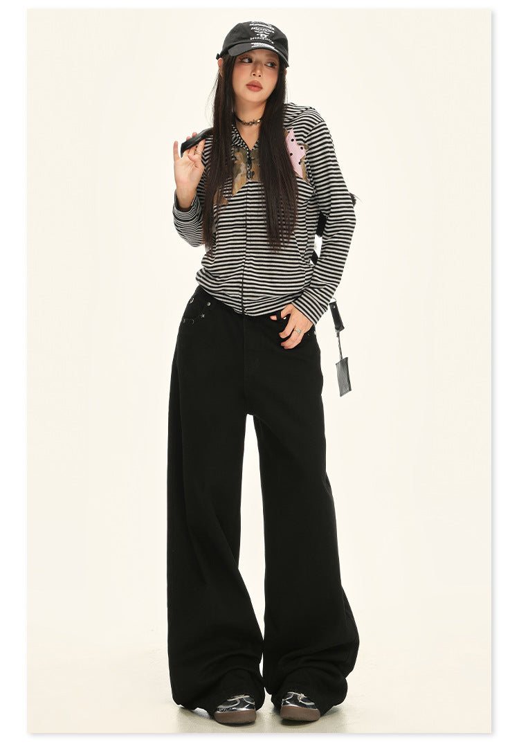 American Retro Pocket Design Black High-Waisted Wide-Leg Pants for Women, New Autumn Loose Drape Slimming Jeans for Women