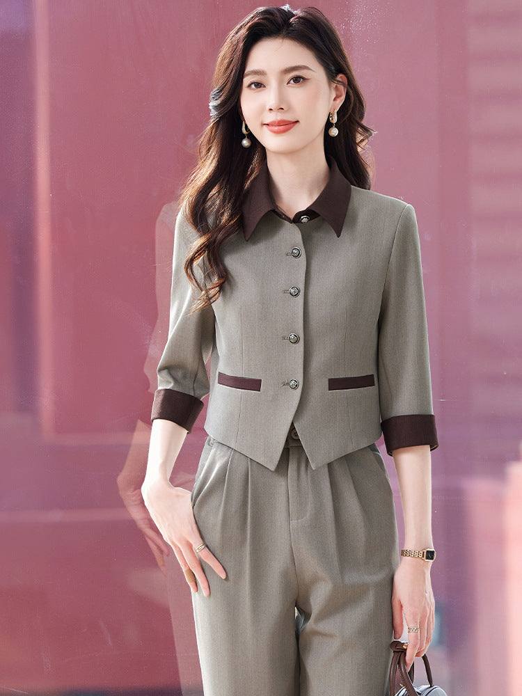 Tweed Style Splicing Jacket with Metal Buckle for Women Spring and Summer New High-End Fashion Doll Collar Elegant Three-Quarter Sleeve Suit