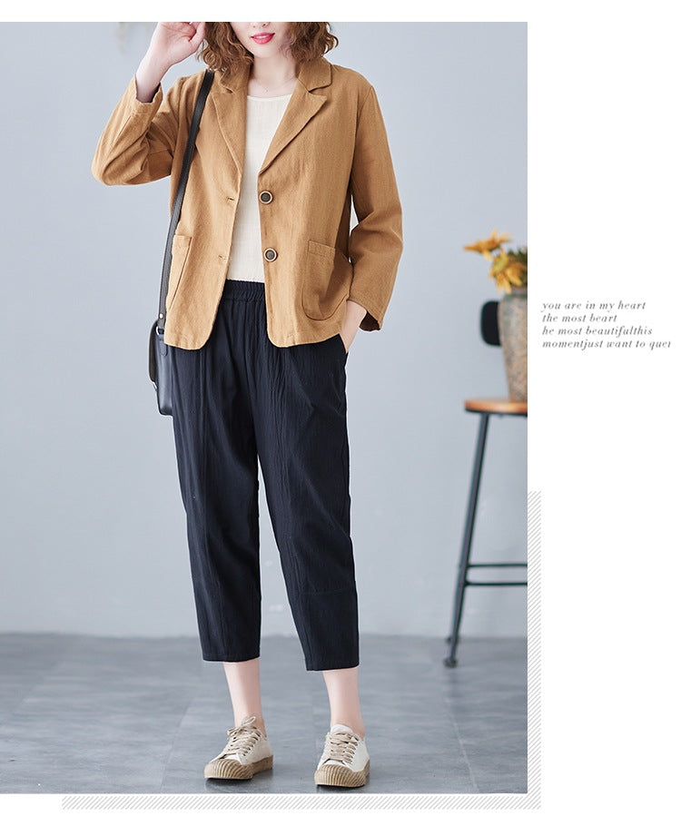 2025 Real Shot of New Cotton and Linen Retro Literary Loose Versatile Casual Long-Sleeved Button-Down Small Suit Short Jacket for Women