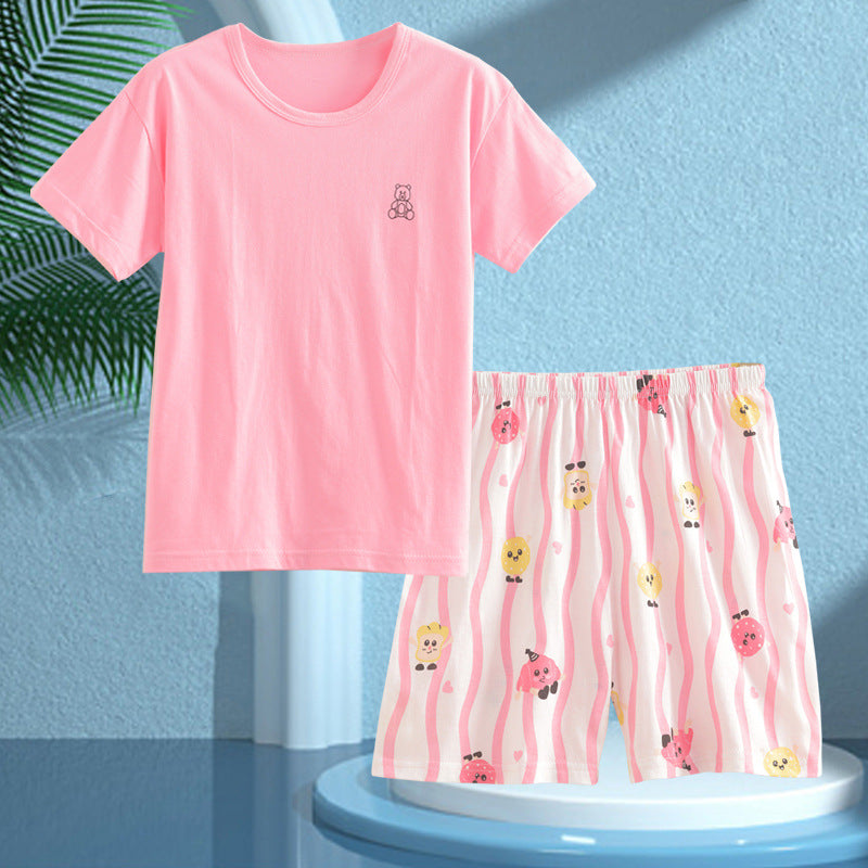 Children's Pajamas, Pure Cotton, Summer Short-Sleeved Shorts Set for Boys, Home Clothes for Girls, Air-Conditioned Clothes for Middle-Aged and Older Boys