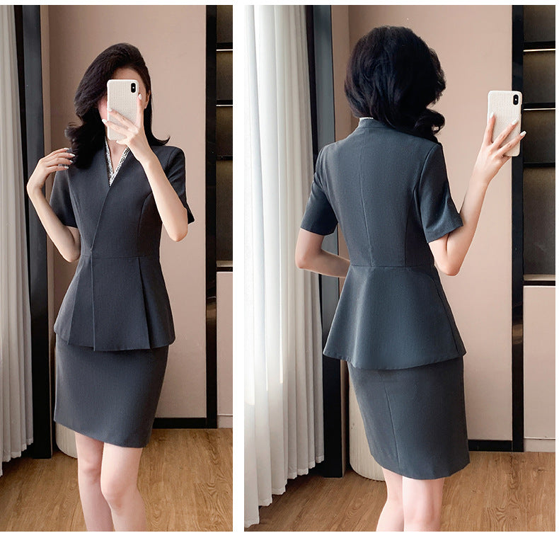 Blue Suit Jacket Women's Spring and Summer Short-sleeved Jewelry Store Front Desk Business Dress Dress Waist Tight Beauty Salon Suit suit
