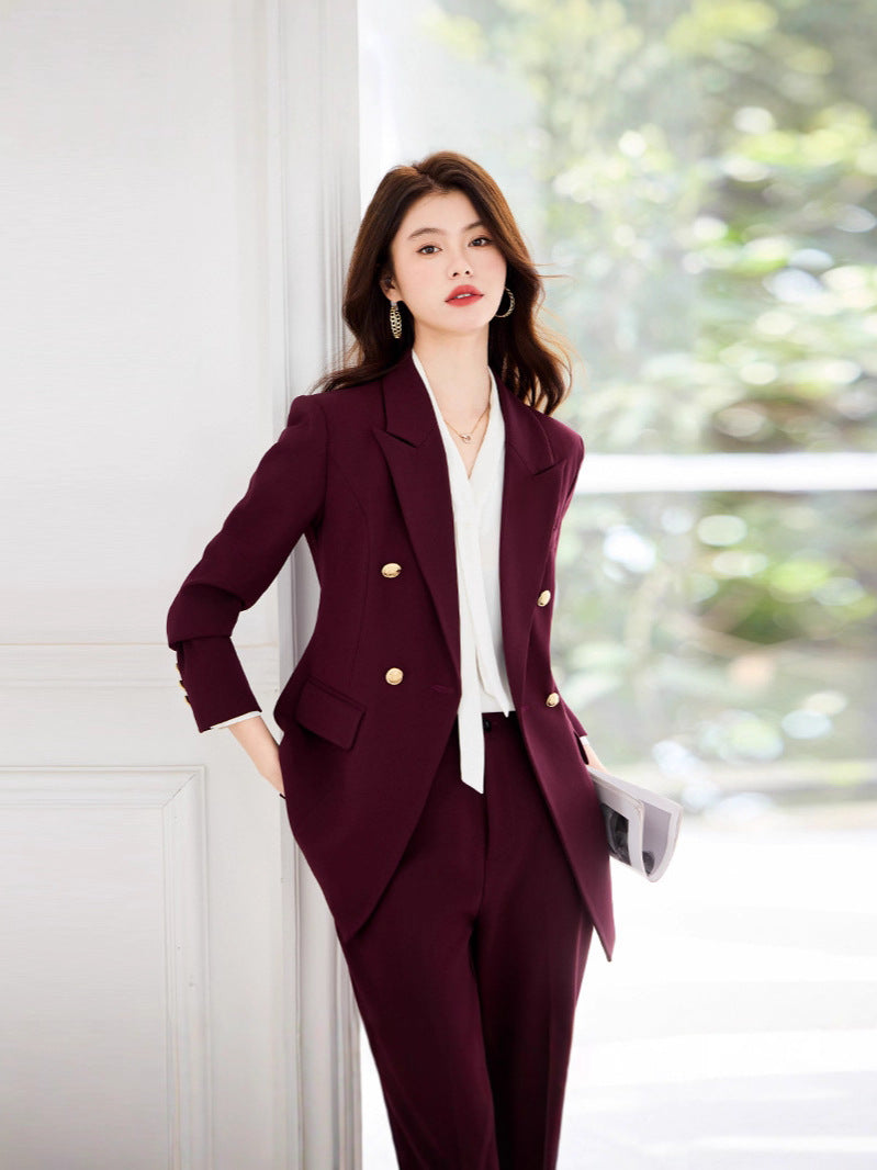 Double-Breasted Suit Set for Women, Autumn and Winter New Style, Korean Fashion, Casual, Professional Attire, Slim Fit, White-Collar Business Long-Sleeve Suit