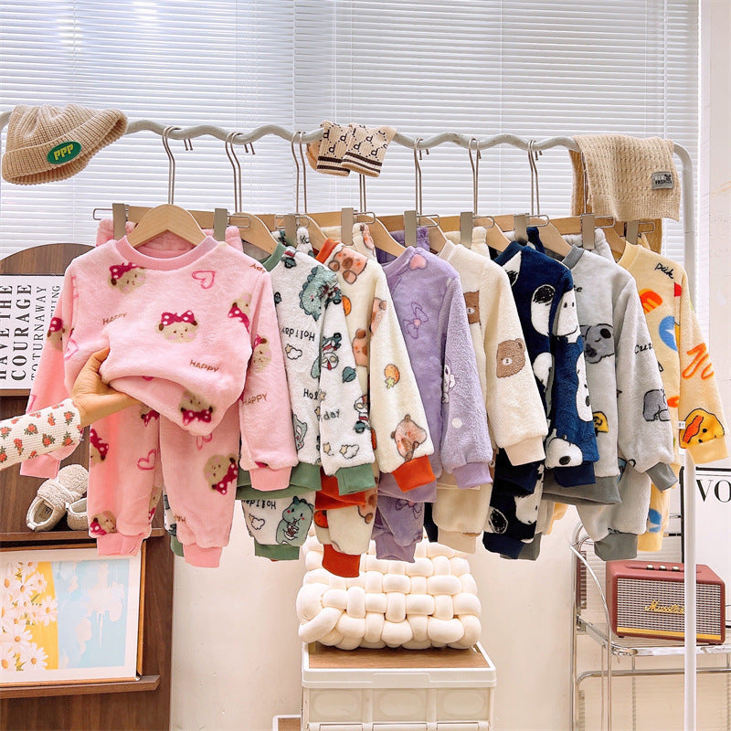 Men's and Women's Flannel Pajamas suit Autumn and Winter Middle and Big Children's Warm fleece-lined Thickened Autumn Clothes and Pants Home Clothes