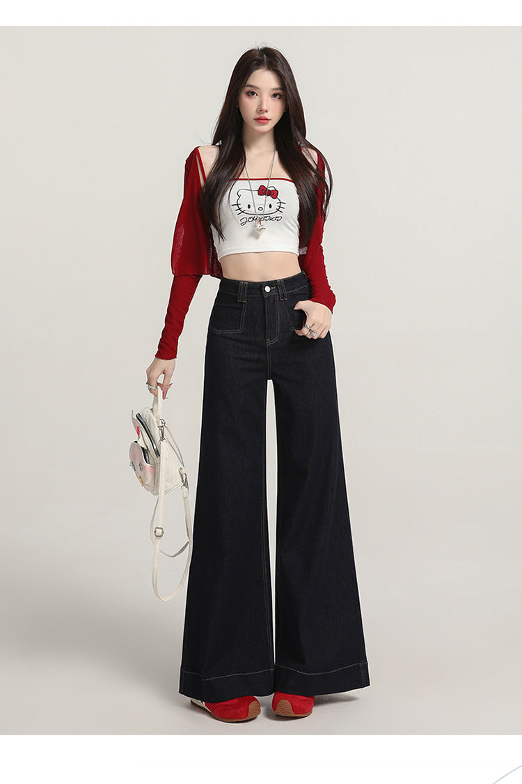 Retro American Style Denim Blue Flared Jeans for Women 2025 Autumn New Slimming Versatile Bootcut Pants