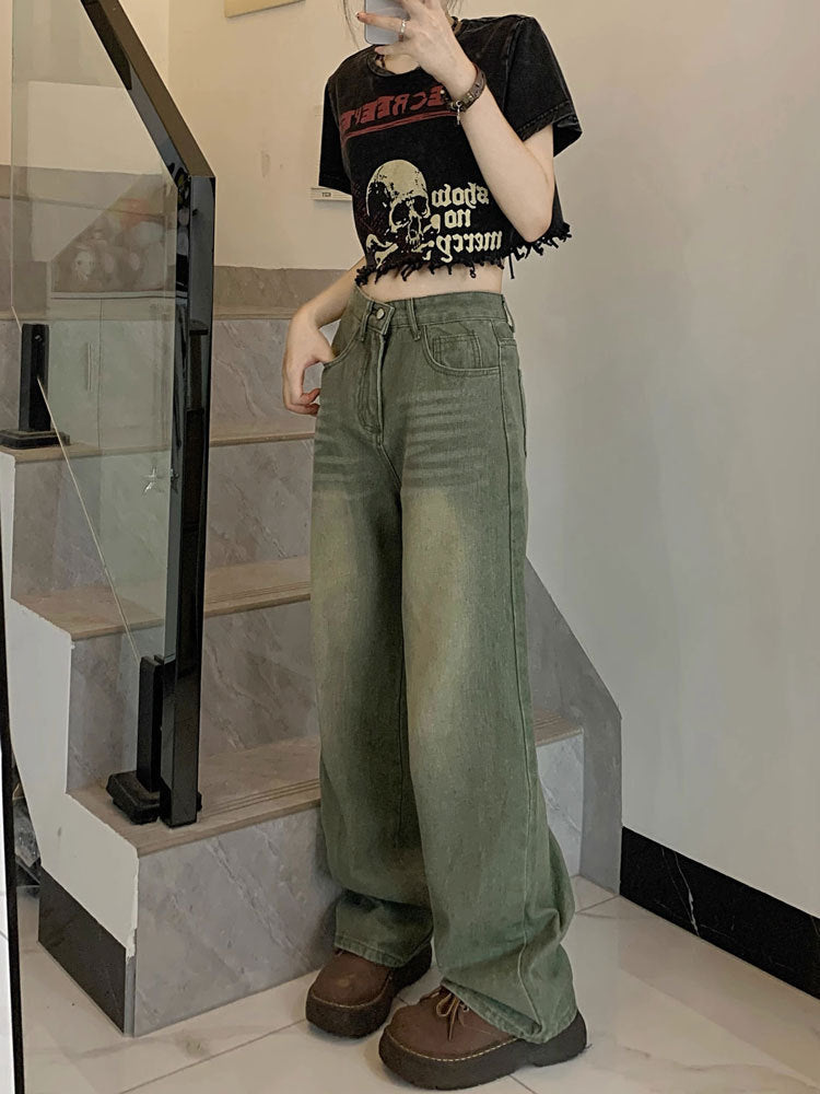 2025 Spring and Autumn Retro American High Waist Slim Straight-Leg Jeans Fashion Women's Loose Floor-Length Wide Leg Long Pants