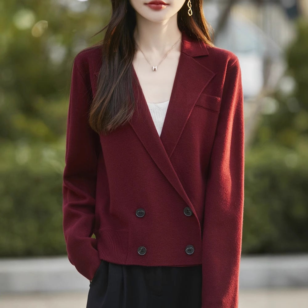 Spring and Autumn Suit Collar Worsted Wool Cardigan Women's Casual Tops Autumn and Winter Cashmere Sweater Top New Style