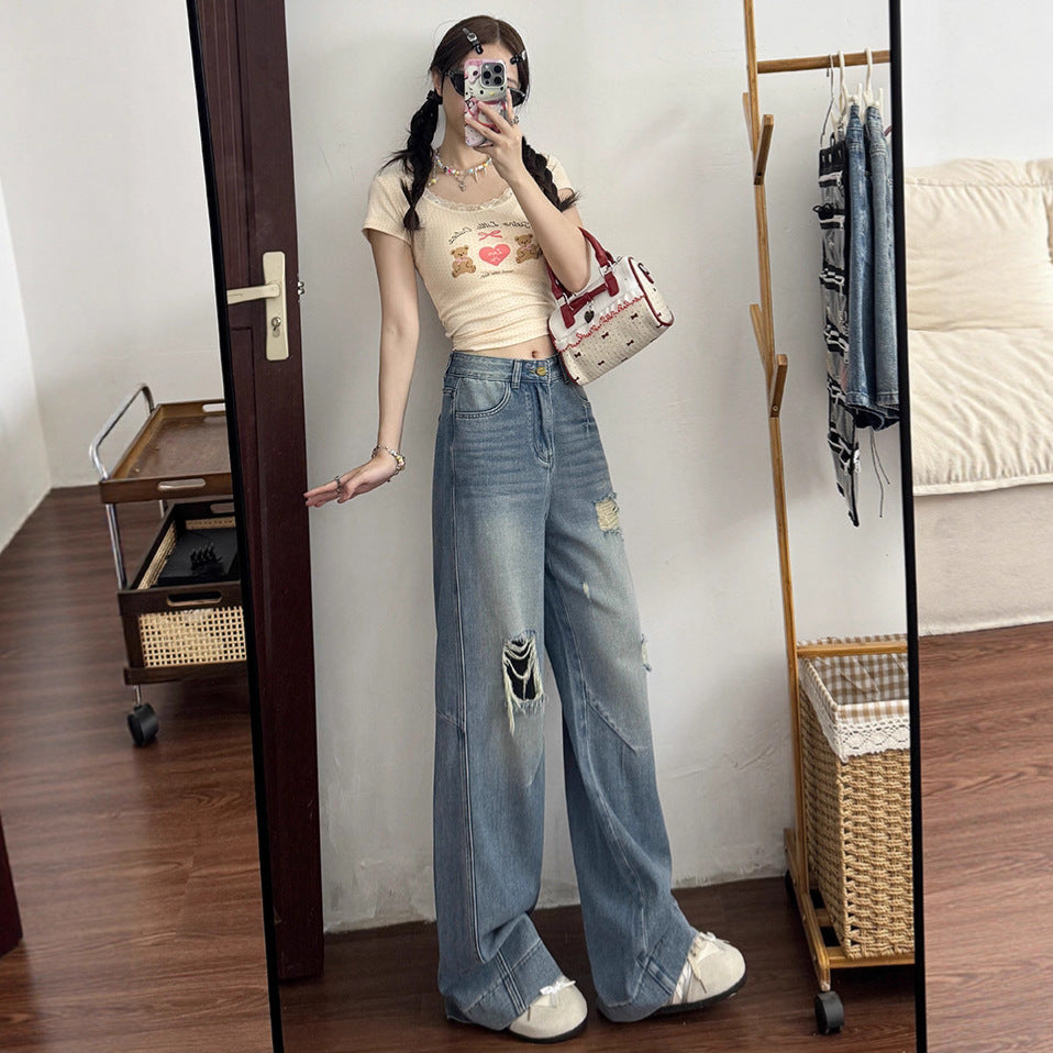 2025 Retro High-Waisted Ripped Jeans for Women in Spring and Autum New Pear-Shaped Figure Slimming Look Loose Wide-Leg Pants