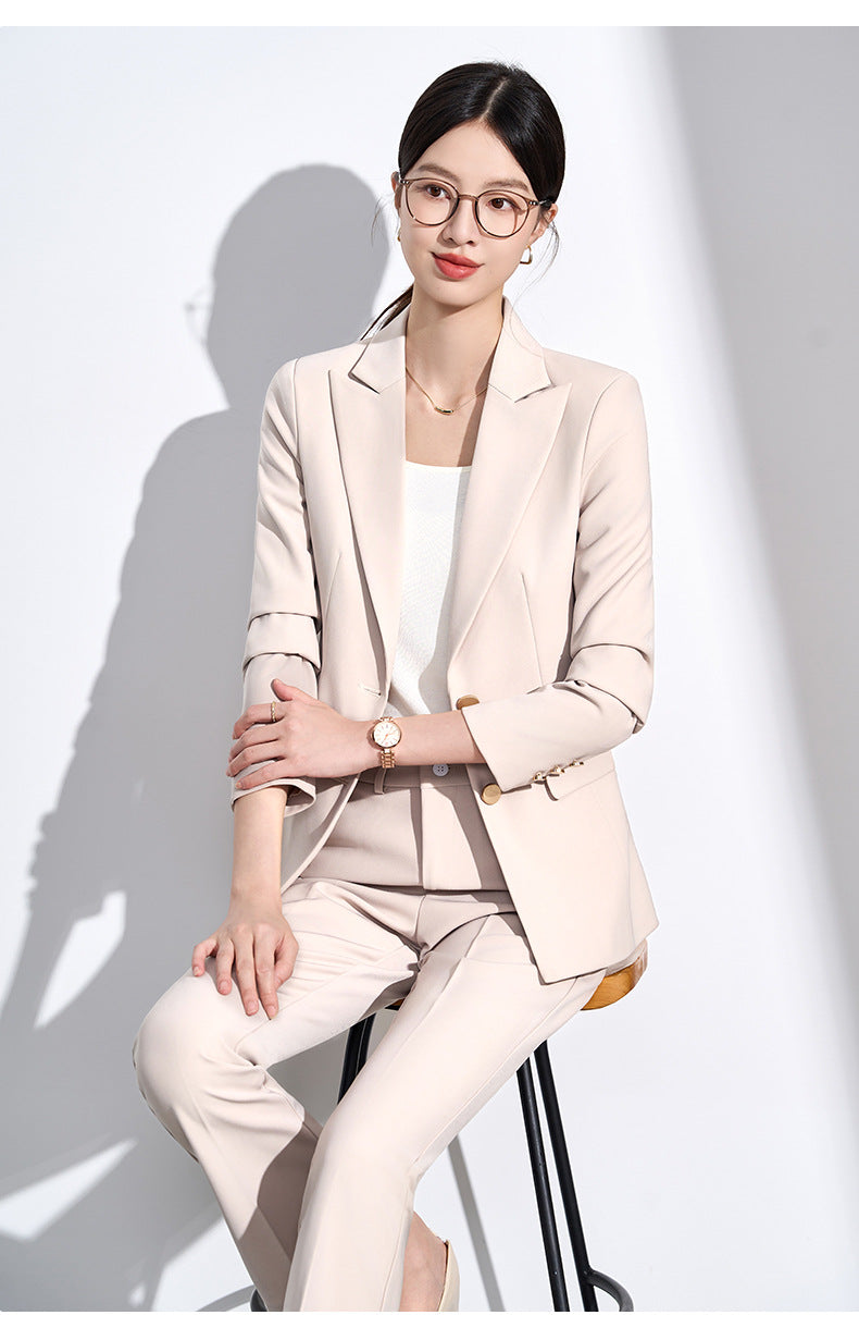 Cross-Border Beige Suit Set for Women, New Versatile Fashion High-End Professional Attire for Petite Figures, Formal Occasion Blazer