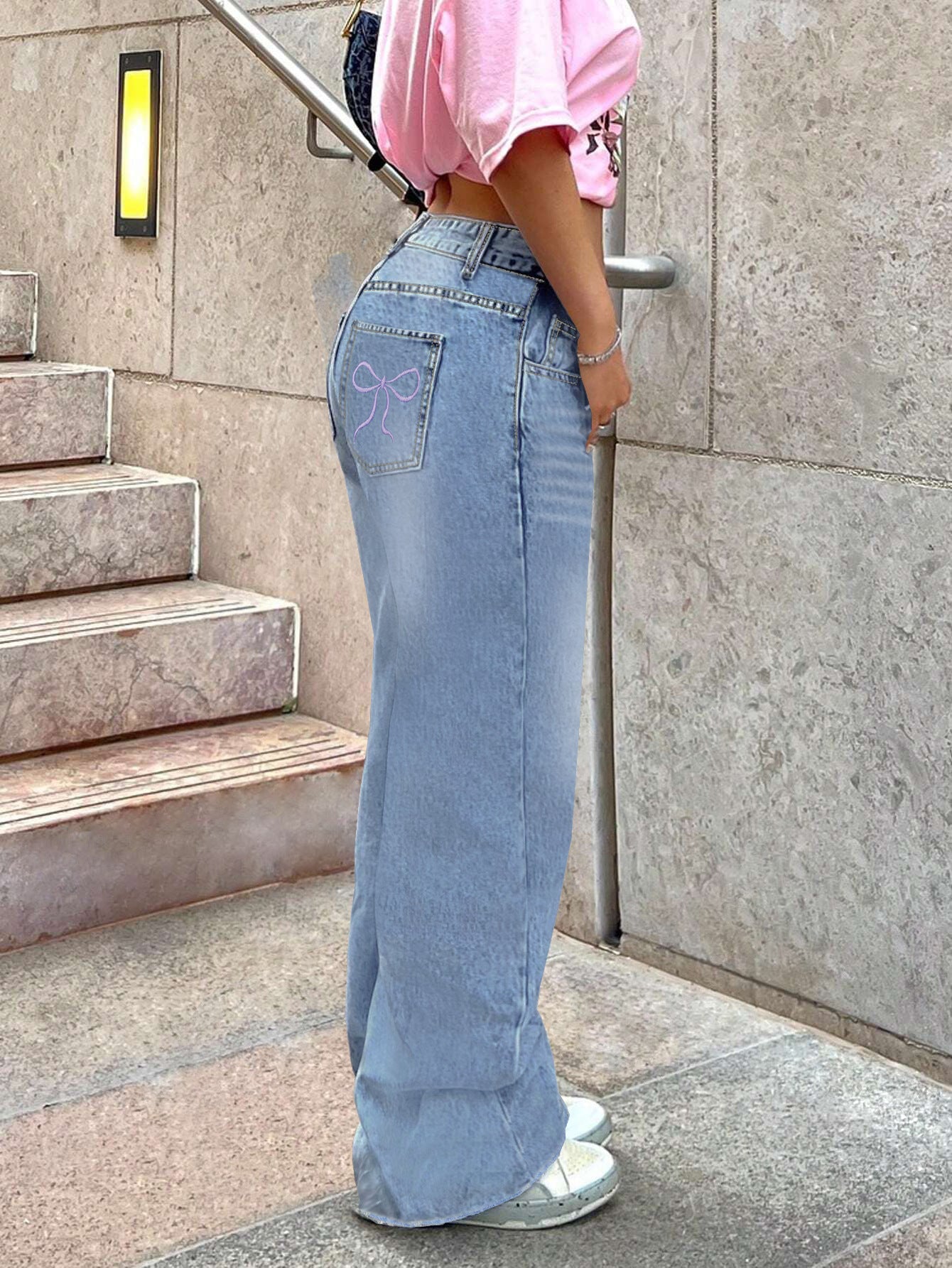 Cross-Border Foreign Trade Amazon Bow Embroidered Jeans Women's Design Casual Loose Straight Pants Trousers