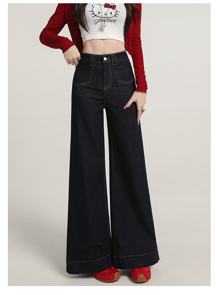 Retro American Style Denim Blue Flared Jeans for Women 2025 Autumn New Slimming Versatile Bootcut Pants