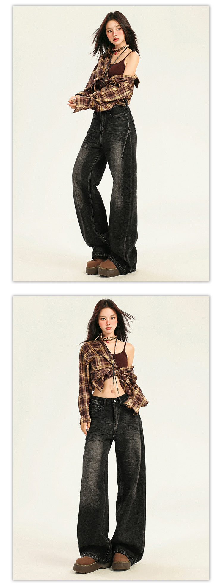 American Large Size Retro Black and Gray Jeans for Women Spring and Autumn New High-Waist Slim Straight Loose Wide-Leg Floor-Length Trousers