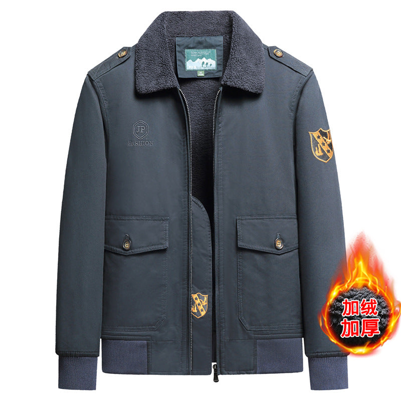 New Lamb Wool Jacket Men's Winter Thickened Wool Collar fleece-lined Overalls Cotton-padded Jacket Men's Jacket Casual Cotton-padded Jacket Aviator