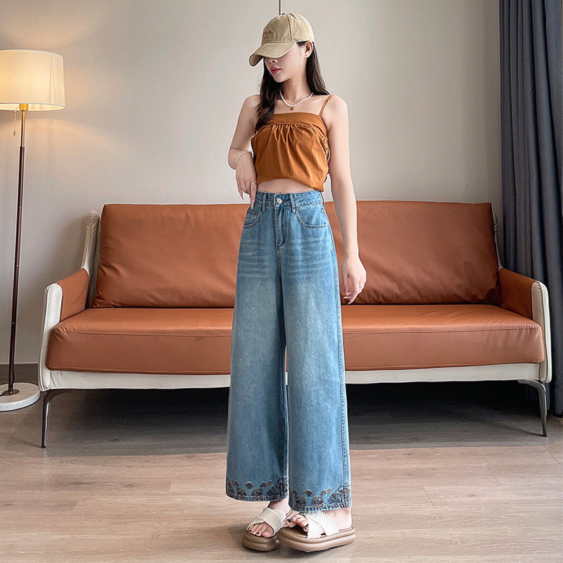 Vintage Embroidered Lace Wide-Leg Jeans for Women 2026 Autumn New Trendy Petite Loose Chinese Style Granny Pants