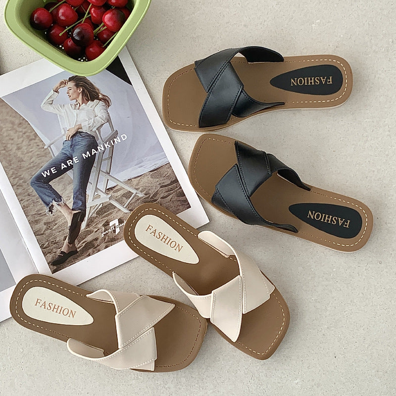 Slippers Women's Summer Internet Popular Cross-border Foreign Trade New Style Slippers for Outer Wear Fashionable All-match One-word Slippers Flat Beach Sandals