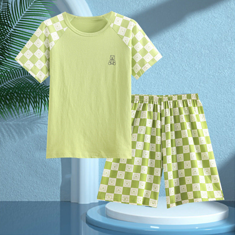 Children's Pajamas, Pure Cotton, Summer Short-Sleeved Shorts Set for Boys, Home Clothes for Girls, Air-Conditioned Clothes for Middle-Aged and Older Boys