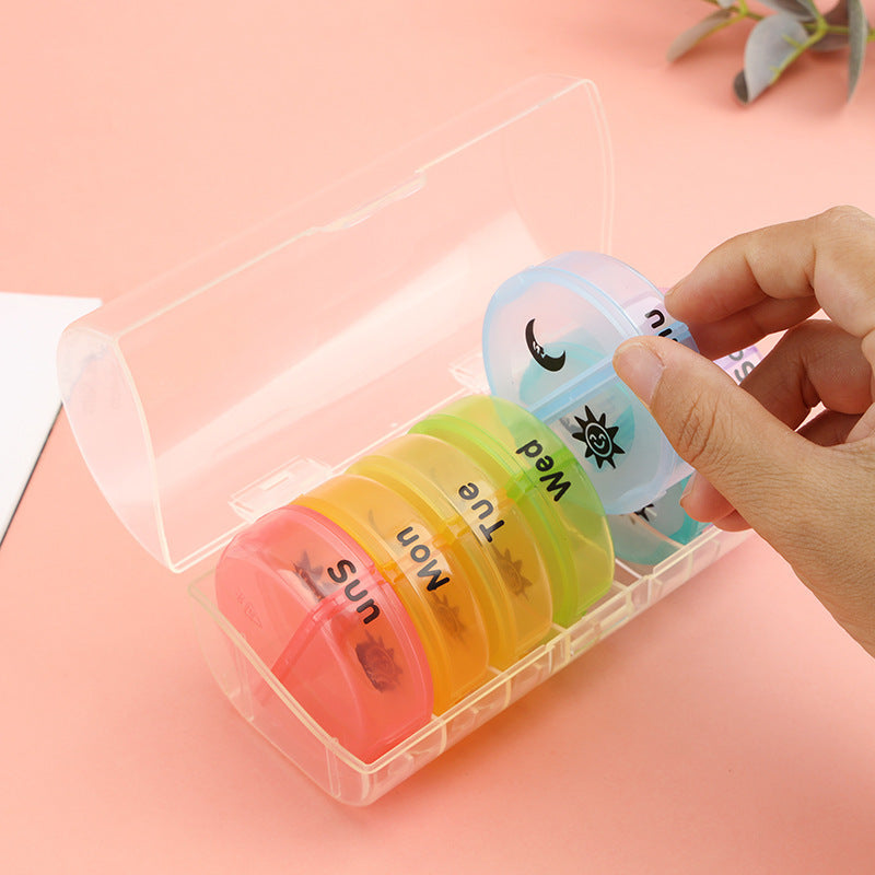 Seven days round box transparent color 14 grid medicine box detachable small size portable large capacity pp material packaging box