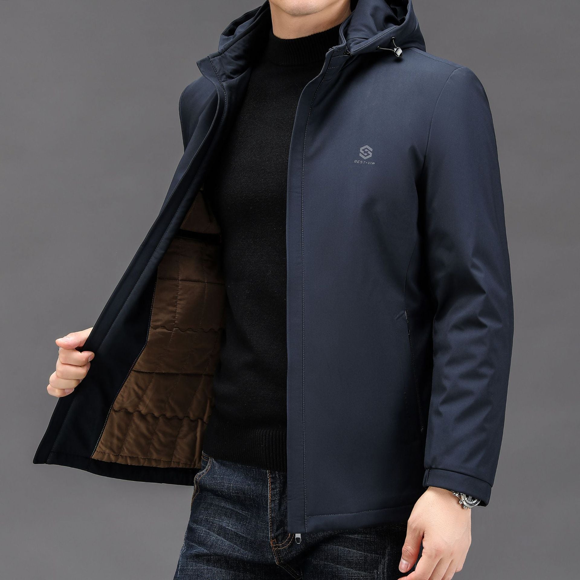 2024 Winter Hooded Business Cotton-padded Coat Men's Cotton-padded Coat New Thickened Warm Trendy Brand Casual Silk Cotton-padded Coat Jacket