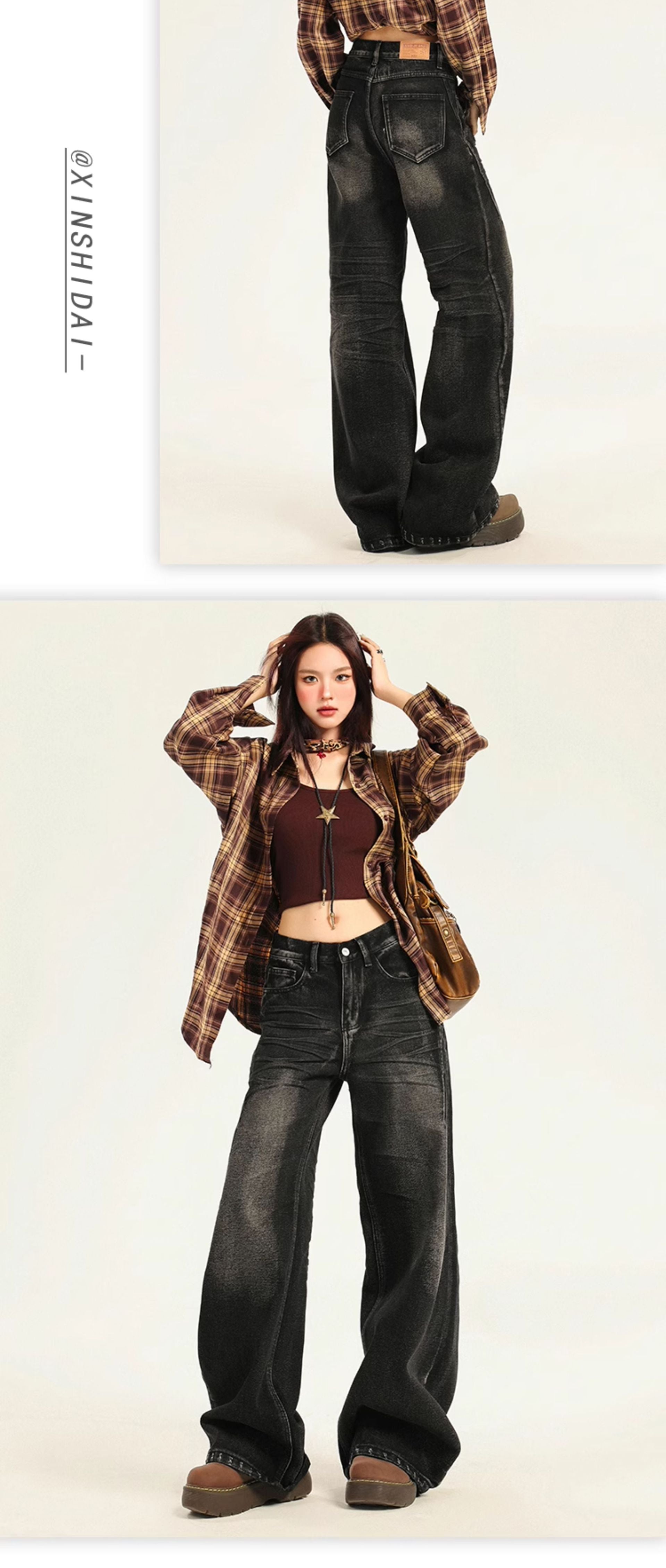 American Large Size Retro Black and Gray Jeans for Women Spring and Autumn New High-Waist Slim Straight Loose Wide-Leg Floor-Length Trousers