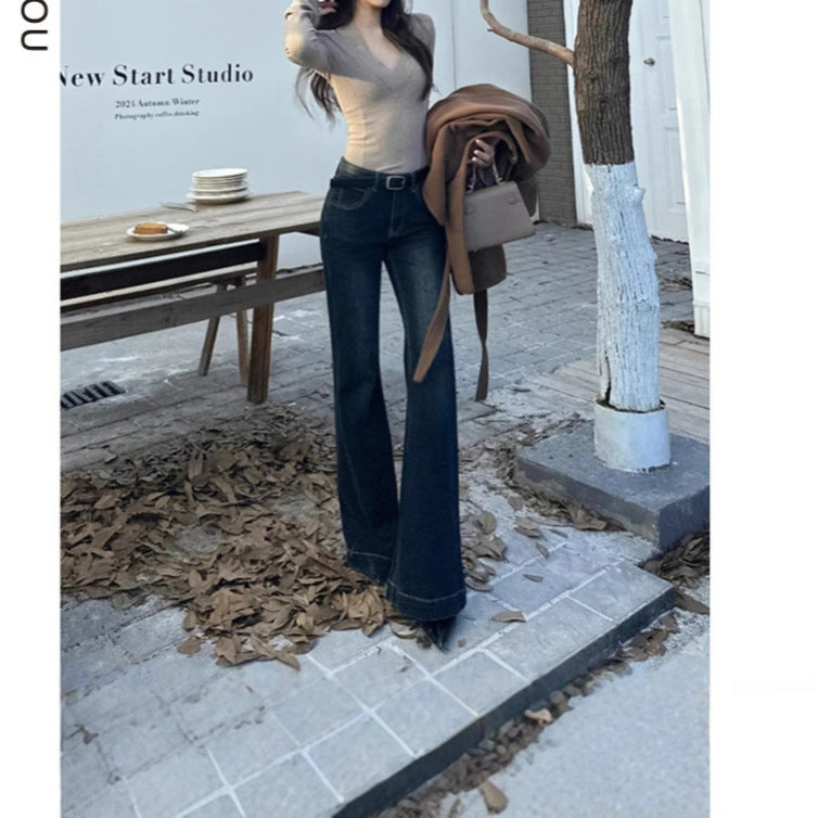 American Retro Flared Jeans for Women, Spring New Slim Fit Low-Rise Straight Cigarette Flared Pants Trendy