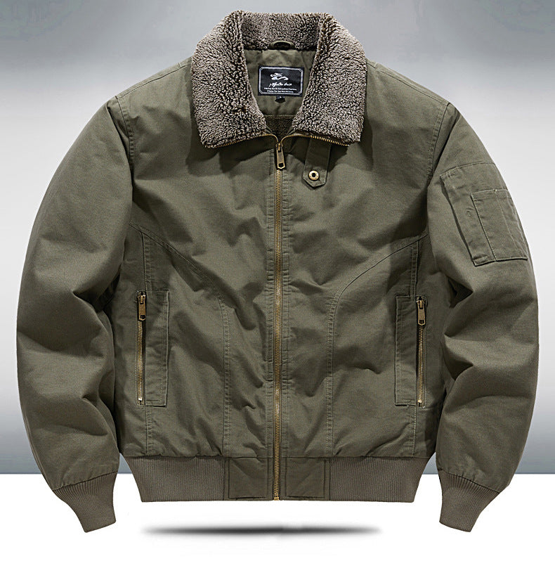 2024 Autumn/Winter New Cross-Border Men's Fleece-Lined Cotton Jacket with Stand Collar, Neck Protection, Cold-Proof, Washable Cotton Coat, Pure Cotton Outerwear