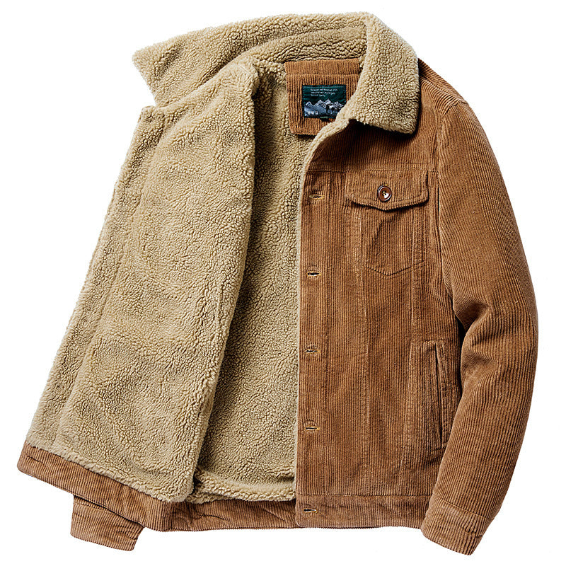 Lamb Velvet Jacket Men's Autumn and Winter Thickeneded Cotton Outwear Corduroy Workwear Cotton Jacket Fleece-Lined Retro Corduroy Jacket
