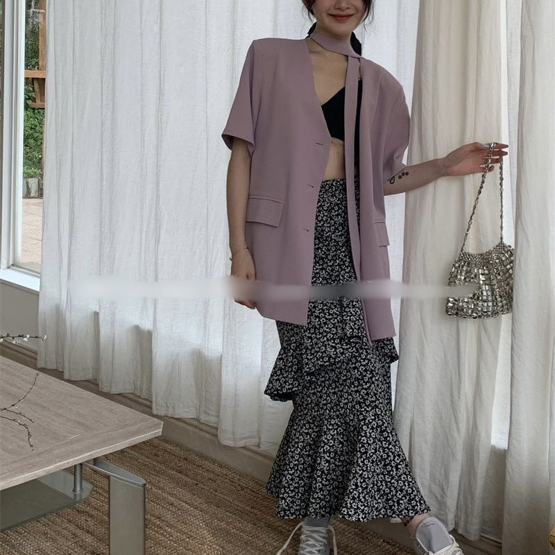 Korean Style Elegant Design V-Neck Short-Sleeve Blazer 2026 Summer Fashion New Thin Versatile Top for Women