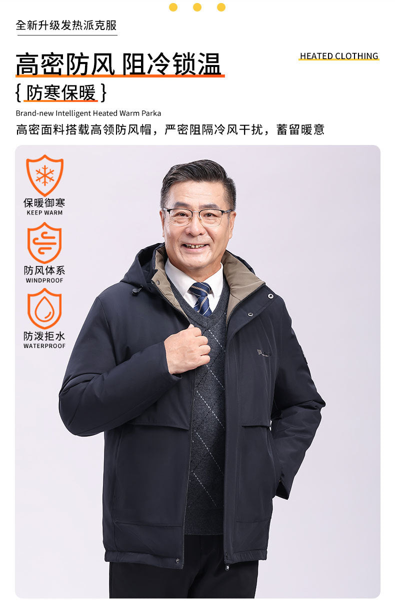 Factory Direct Supply Rechargeable Heated Cotton Jacket for Men, Fleece-Lined Thickened Hooded Coat, Middle-Aged and Elderly Warm Parka