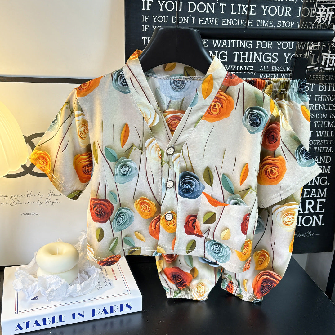 Children's Home Clothes Cotton Silk Suit Summer Boys and Girls Pajamas Artificial Cotton Two-Piece Set Cotton Silk Air-Conditioned Clothes Kidsren's Clothing
