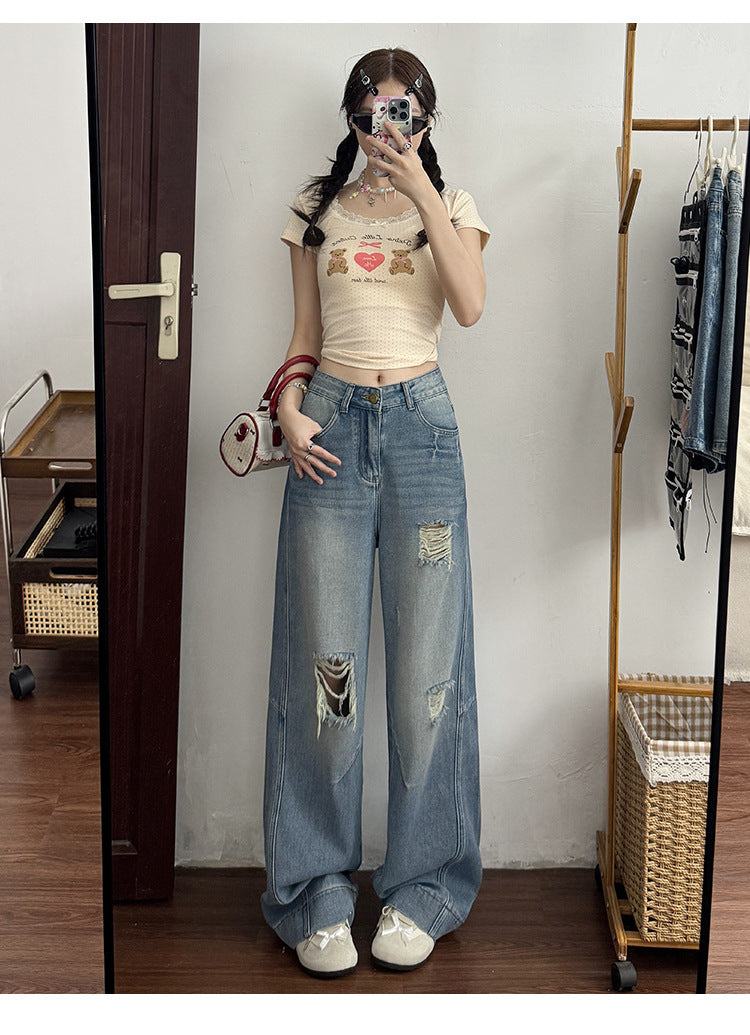2025 Retro High-Waisted Ripped Jeans for Women in Spring and Autum New Pear-Shaped Figure Slimming Look Loose Wide-Leg Pants