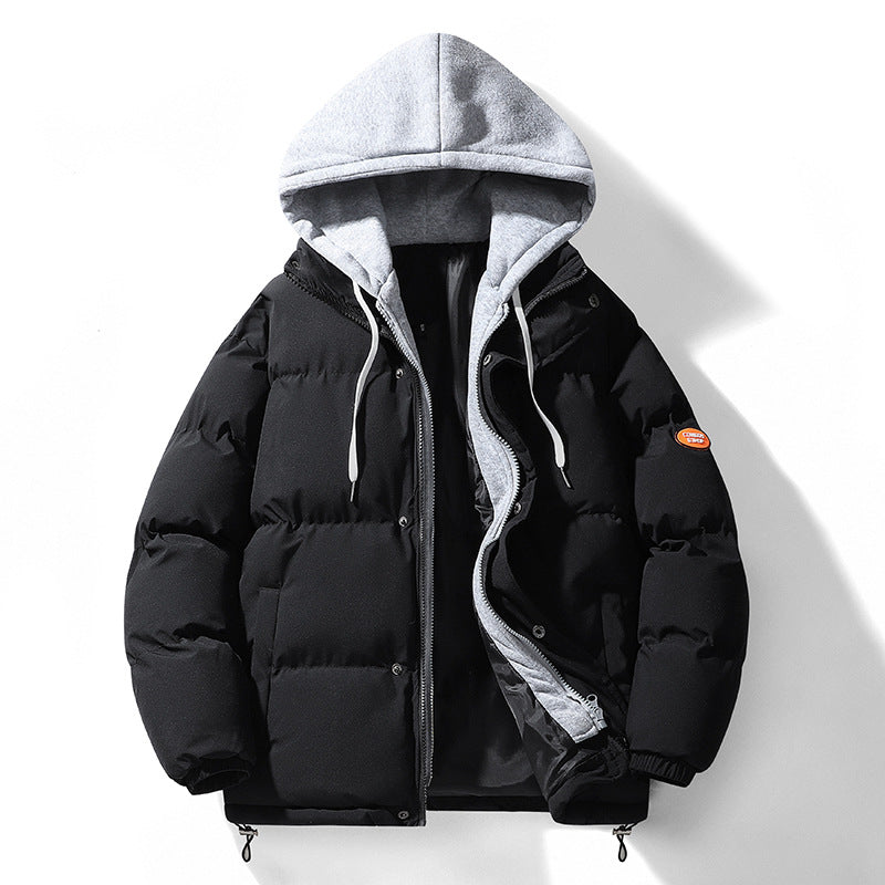 Autumn and Winter New Style Fake Two-Piece Cotton Jacket for Men, High-Quality Puffer Jacket, Couple's Style, Thickened and Warm Hooded Cotton Coat