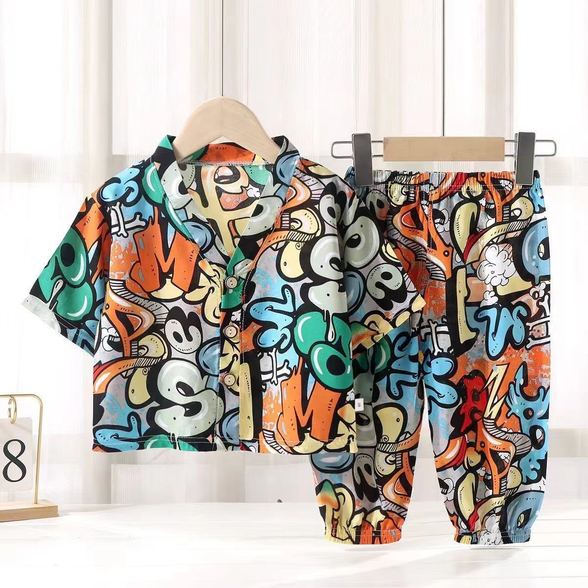 Children's Home Clothes Cotton Silk Suit Summer Boys and Girls Pajamas Artificial Cotton Two-Piece Set Cotton Silk Air-Conditioned Clothes Kidsren's Clothing