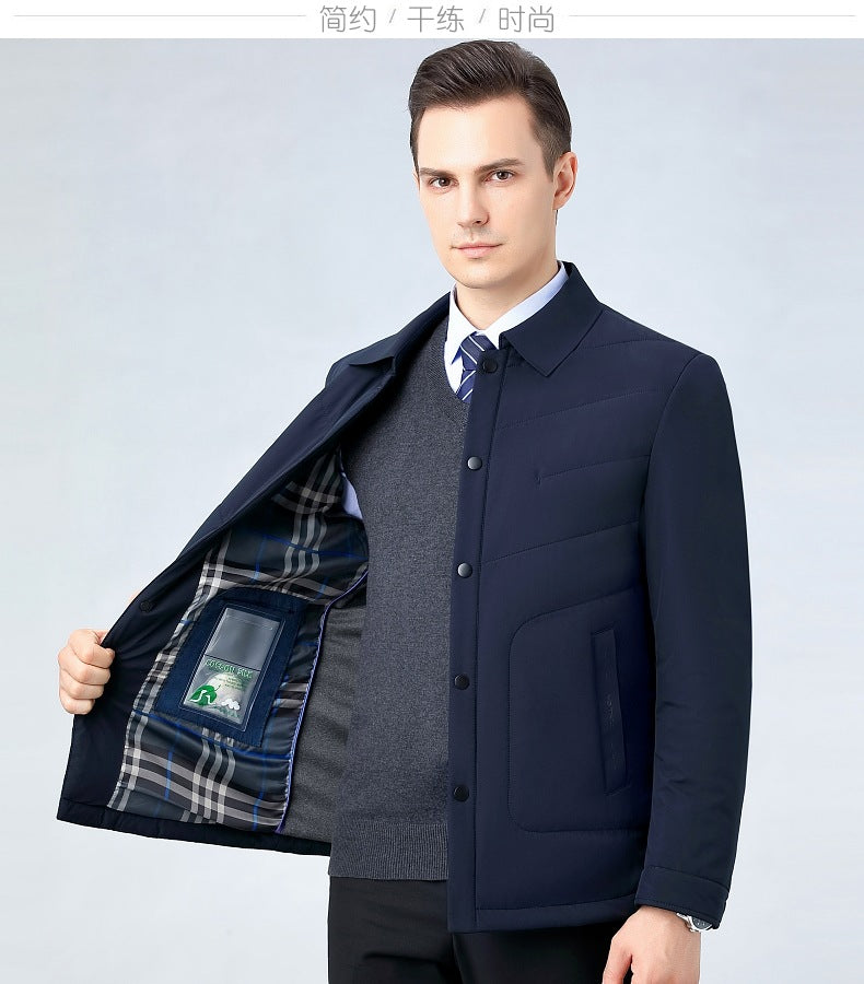 2025 Winter Mulberry Silk Men's Cotton Jacket with Turn-Down Collar, Quilted Middle-Aged Business Casual Cotton Coat for Dad