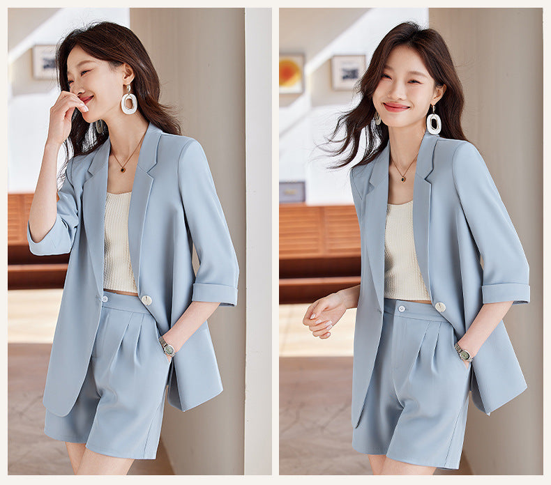 Blue Mid-Sleeve Chiffon Suit Jacket for Women 2025 New Summer Thin Style Fashionable High-End Shorts Suit