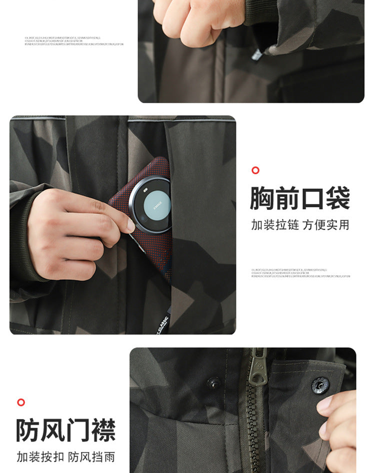 Winter Cotton-Padded Labor Protection Clothing for Men, Fleece-Lined and Thickeneded Cotton-Padded Jacket and Pants Suit, Wear-Resistant and Cold-Proof Camouflage Cotton Coat and Work Clothes