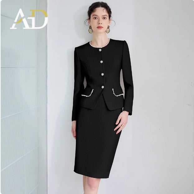 AD French Commuter Suit suit Women's High-end Pearl Crewneck Long-sleeved Jacket Black Business Dress Overskirt