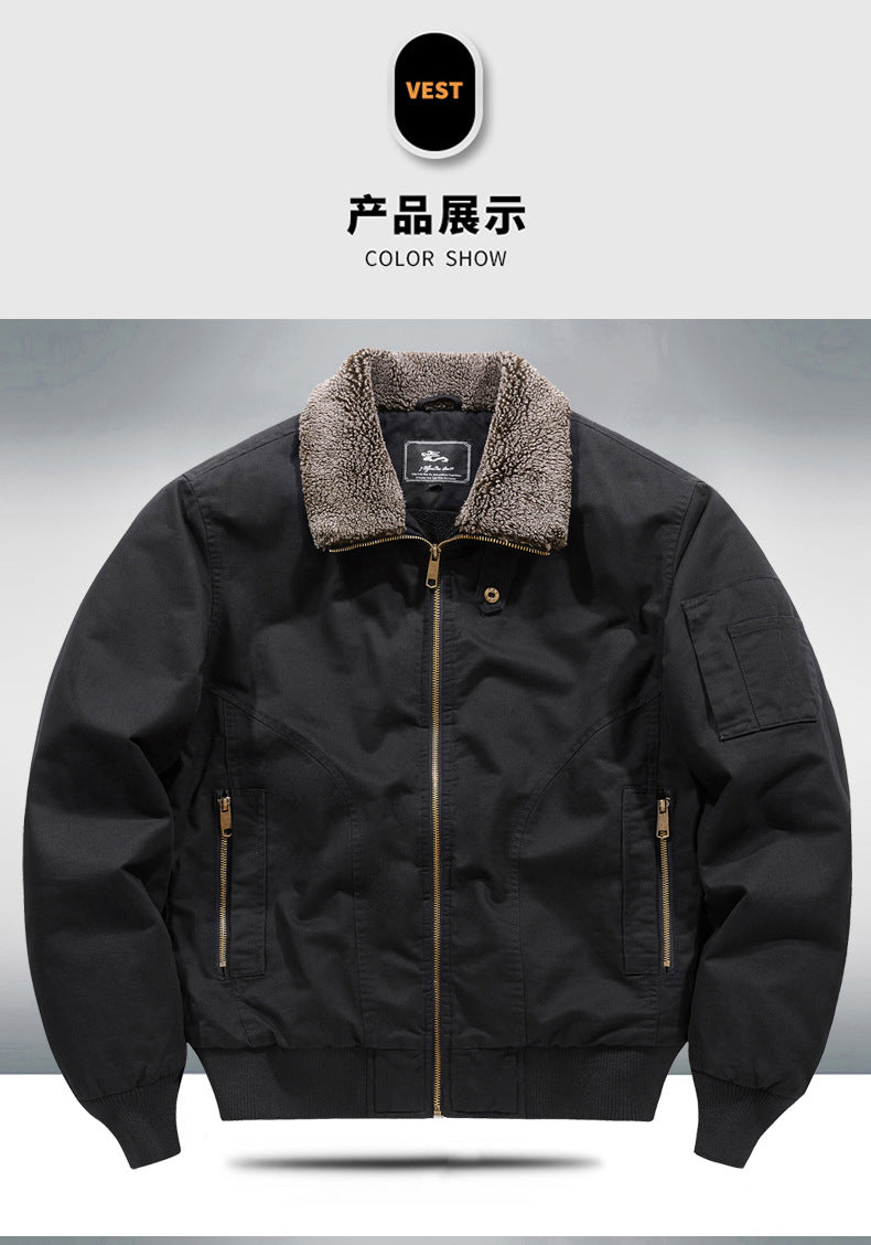 2024 Autumn/Winter New Cross-Border Men's Fleece-Lined Cotton Jacket with Stand Collar, Neck Protection, Cold-Proof, Washable Cotton Coat, Pure Cotton Outerwear