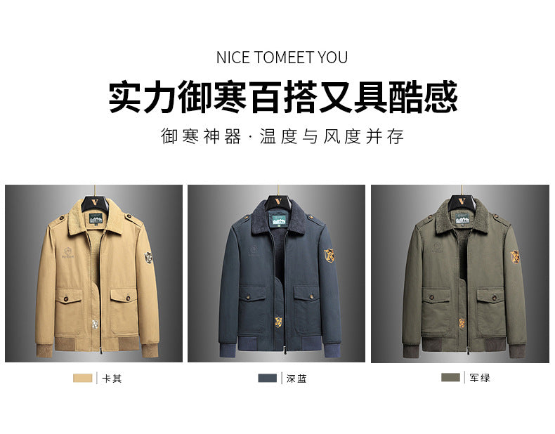New Lamb Wool Jacket Men's Winter Thickened Wool Collar fleece-lined Overalls Cotton-padded Jacket Men's Jacket Casual Cotton-padded Jacket Aviator