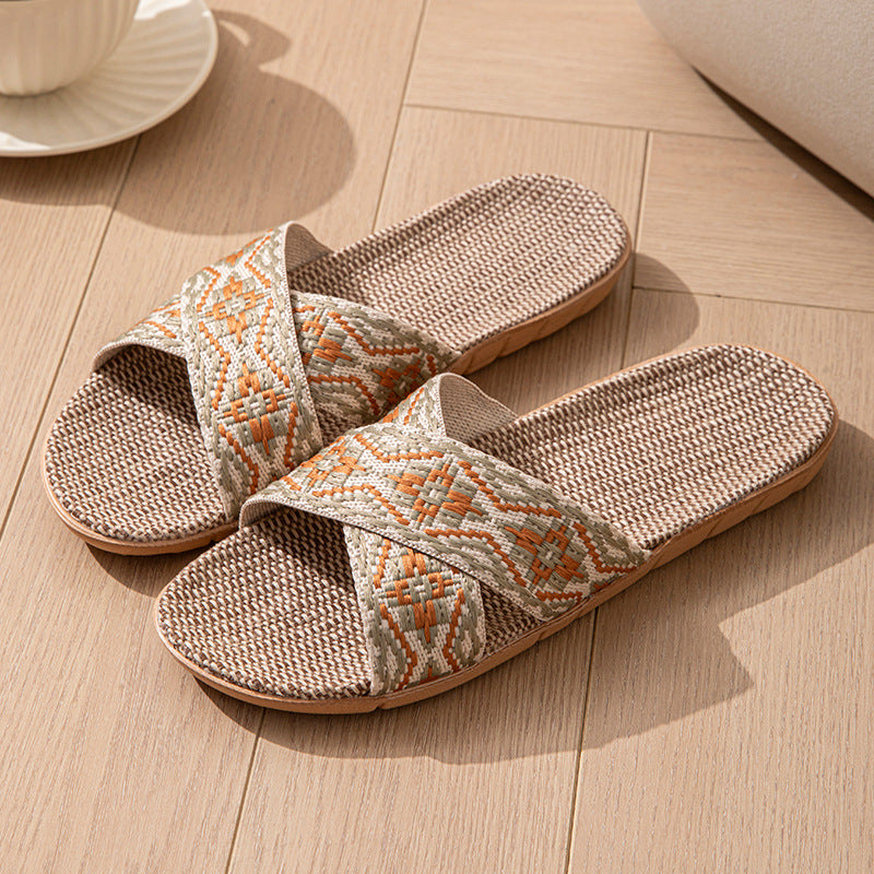 Open Open Toe Cross Linen Four Seasons Men and Women Couple Home Floor Slippers Linen Summer Sandals