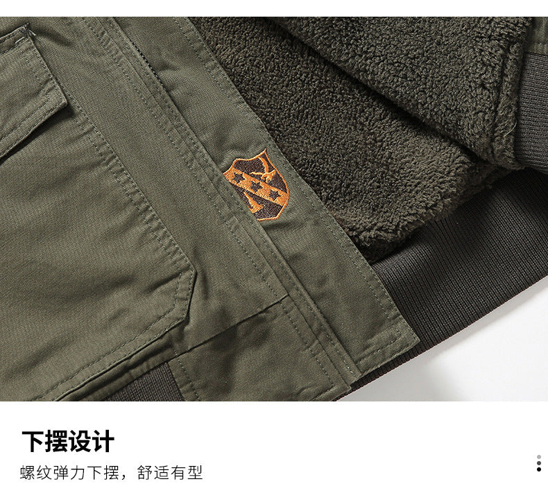 New Lamb Wool Jacket Men's Winter Thickened Wool Collar fleece-lined Overalls Cotton-padded Jacket Men's Jacket Casual Cotton-padded Jacket Aviator