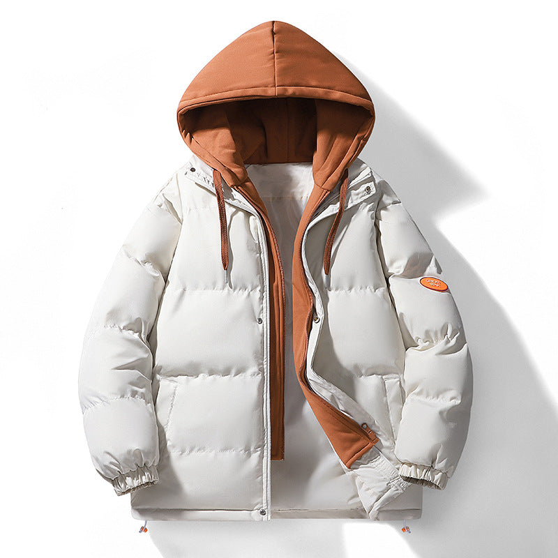 Autumn and Winter New Style Fake Two-Piece Cotton Jacket for Men, High-Quality Puffer Jacket, Couple's Style, Thickened and Warm Hooded Cotton Coat