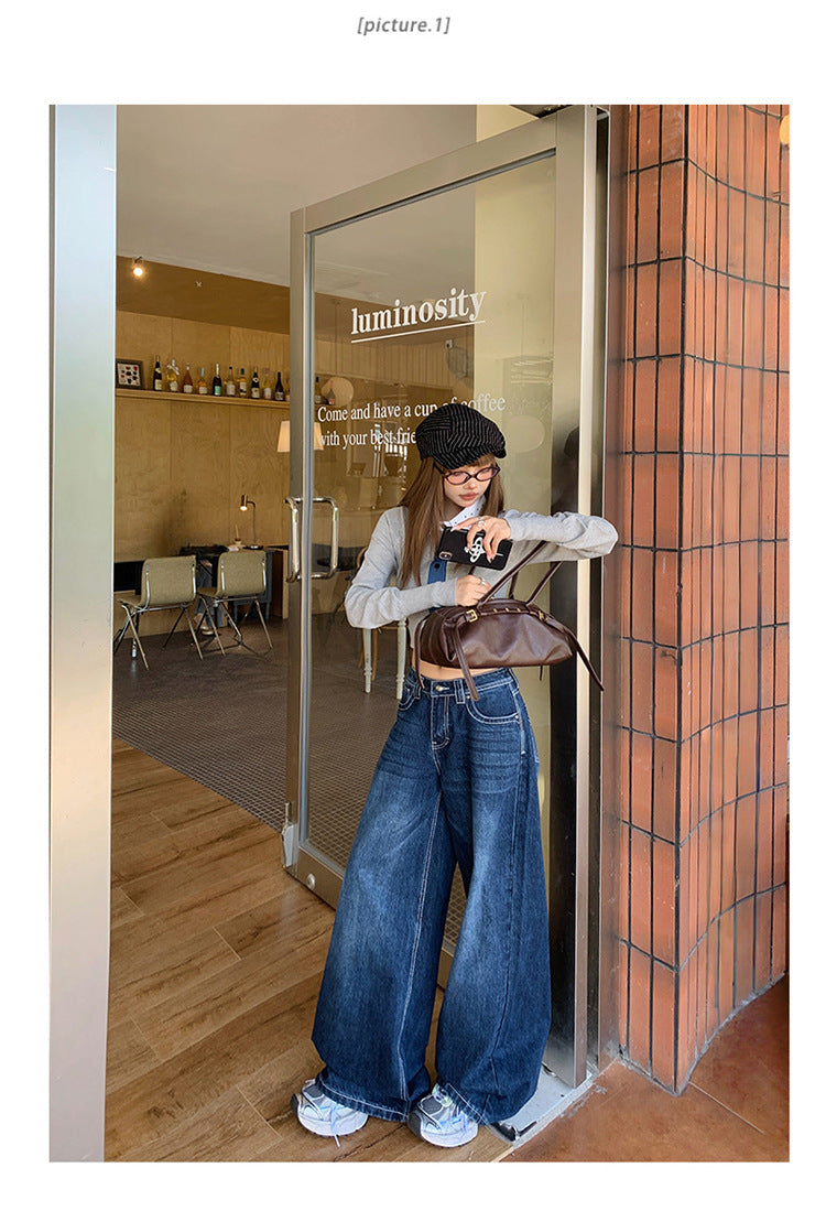 American-Style Dark Blue Wide-Leg Jeans for Women, 2025 Autumn New Straight High-Waisted Loose Slimming Lazy Floor-Length Pants