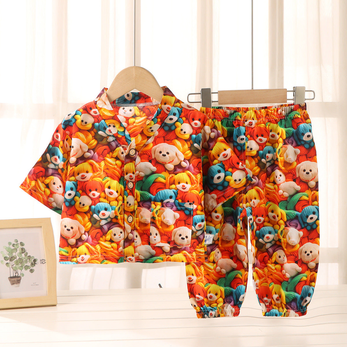 Children's Home Clothes Cotton Silk Suit Summer Boys and Girls Pajamas Artificial Cotton Two-Piece Set Cotton Silk Air-Conditioned Clothes Kidsren's Clothing