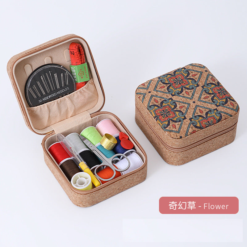 Retro Style Imitation Pu Leather Square Sewing Box Household Sewing and Mending Needle and Thread Set Portable Daily Essential Sewing Kit