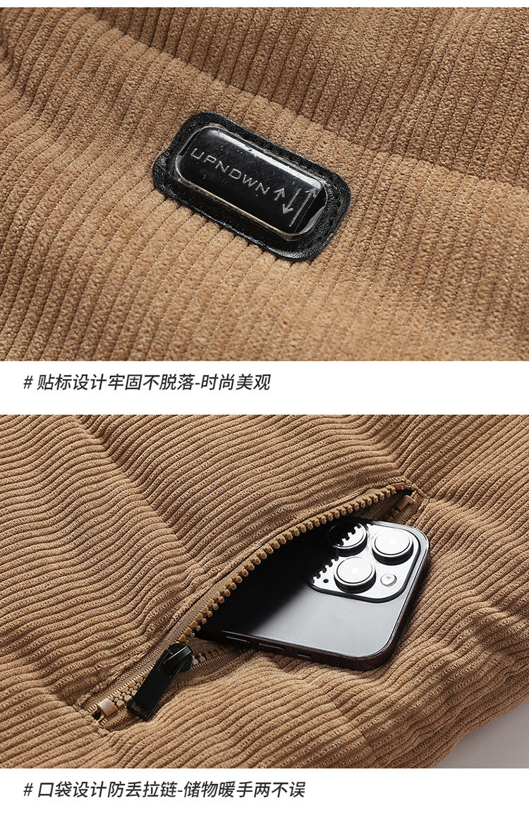 Thickened corduroy cotton-padded jacket for autumn and winter men's warm neck protection stand collar cotton-padded jacket European and American plus size fashionable cotton-padded jacket