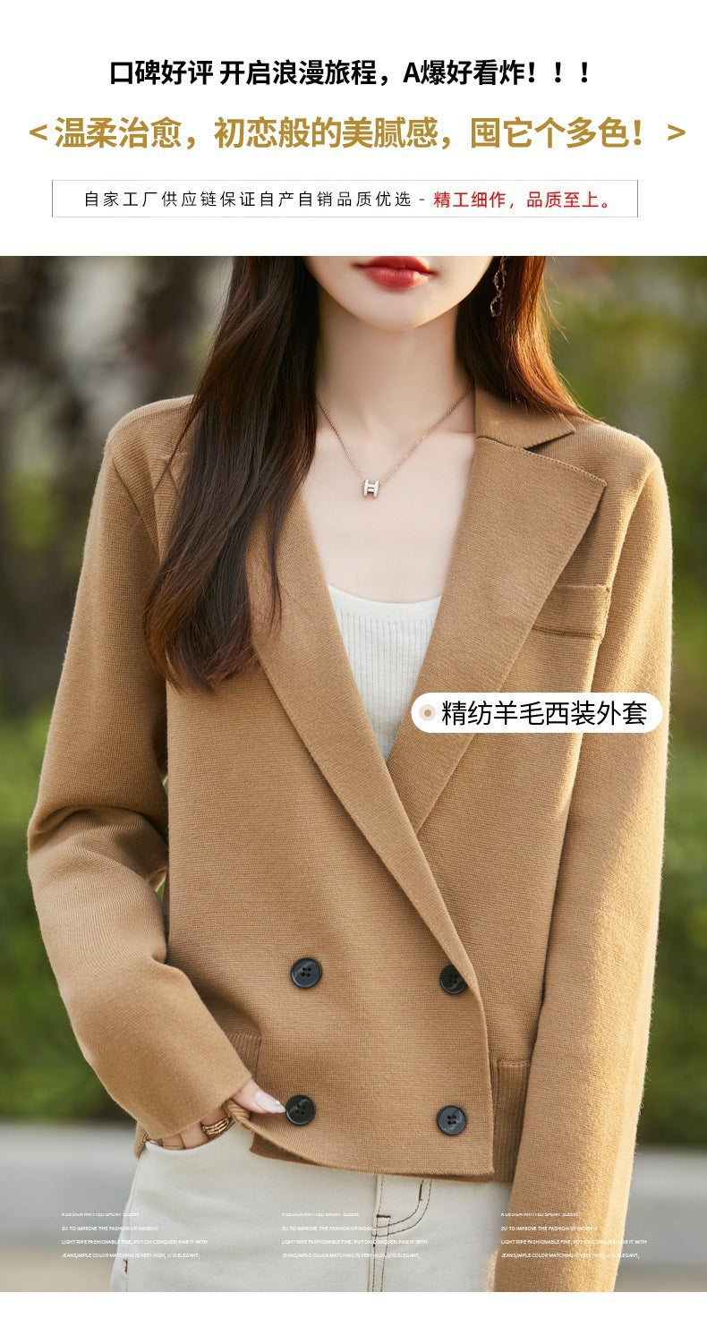 Spring and Autumn Suit Collar Worsted Wool Cardigan Women's Casual Tops Autumn and Winter Cashmere Sweater Top New Style