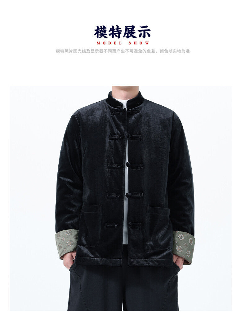 Winter Chinese-Style Tang Suit Jacket for Men, Corduroy Cotton Coat, Retro Thickened Cotton Clothing, Chinese-Style Button Cotton-Padded Jacket, Hanfu